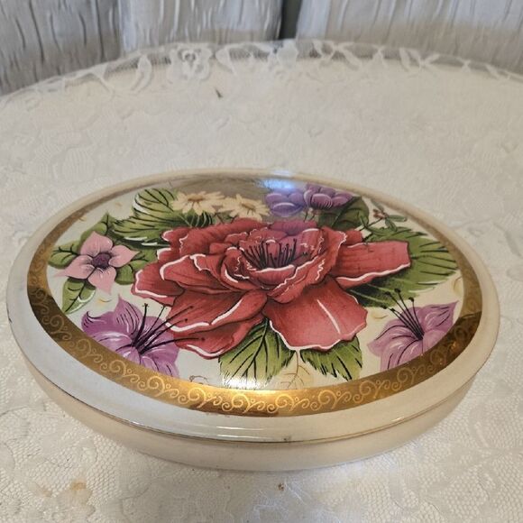 Floral Decorative Box with Gold Trim Vintage - Picture 1 of 13